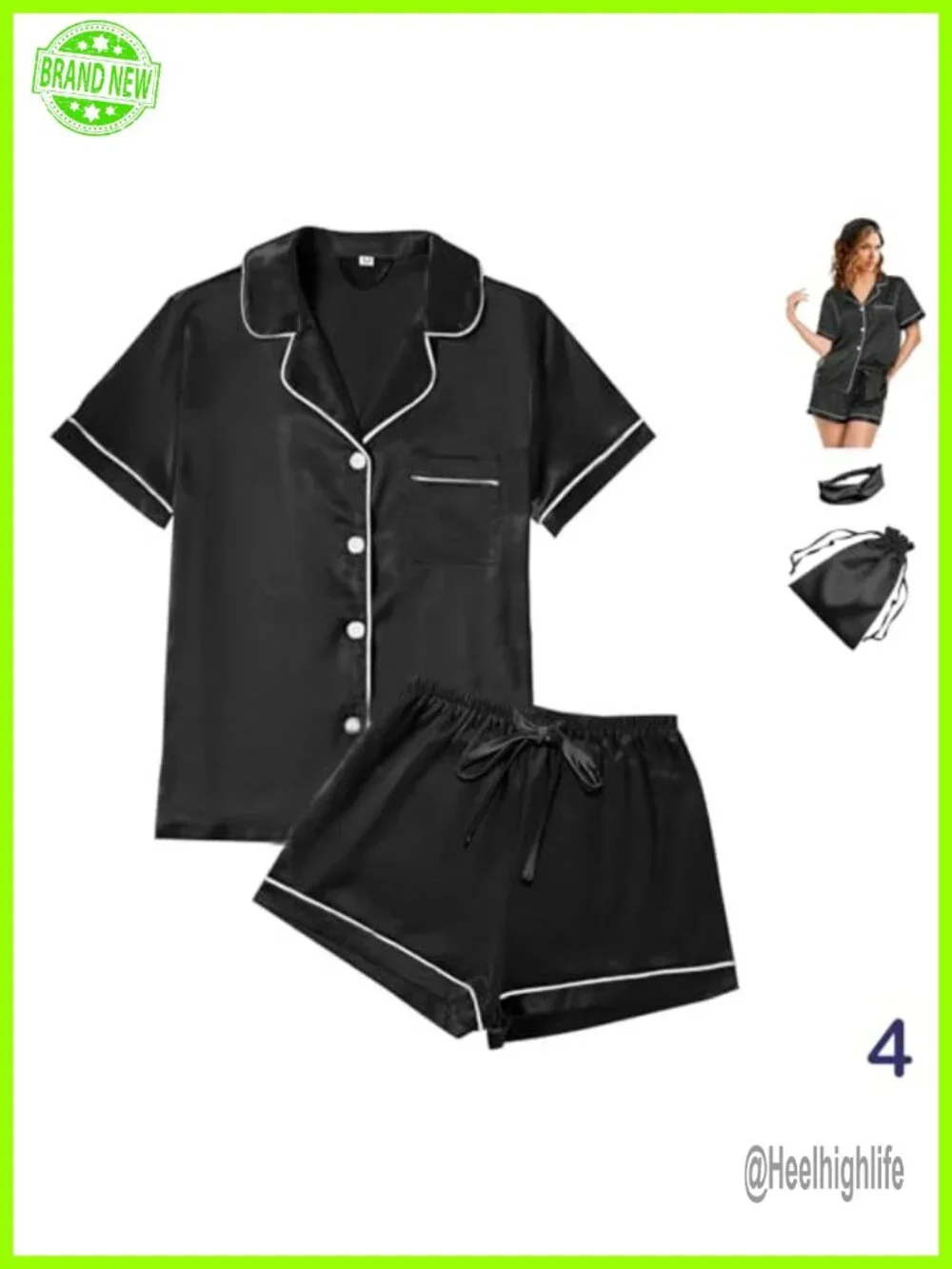 Silk Satin Pajama Set with Headband and Pouch Bag - Short Sleeve, Button Front,